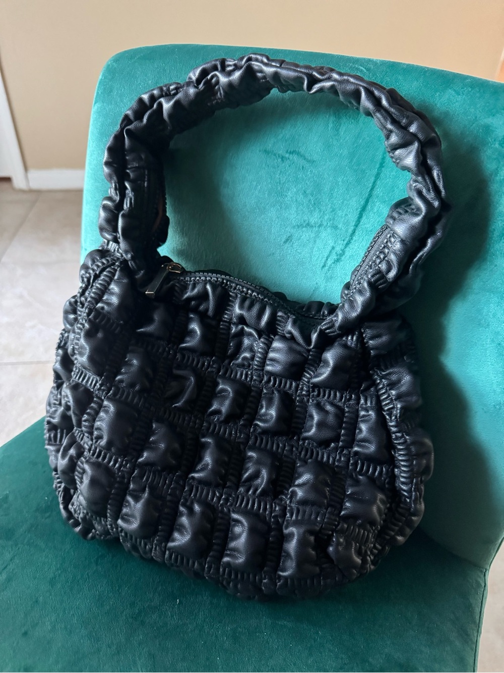 Jason Wu Black Vegan Leather Ruched Woven Shoulder Bag